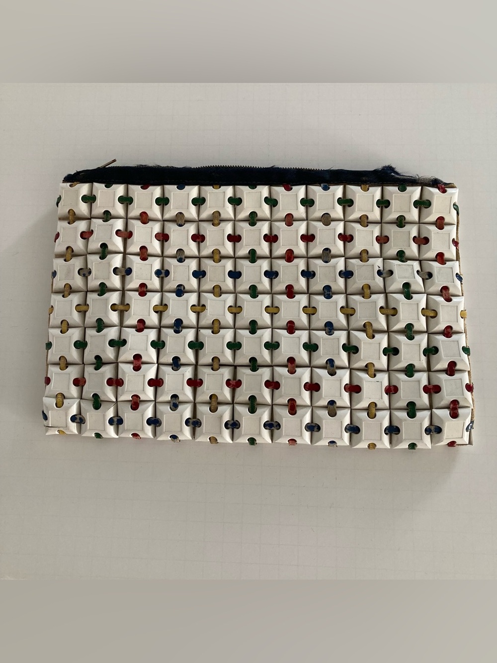 Vintage 1940s Plasticflex ivory clutch with red white blue lacing